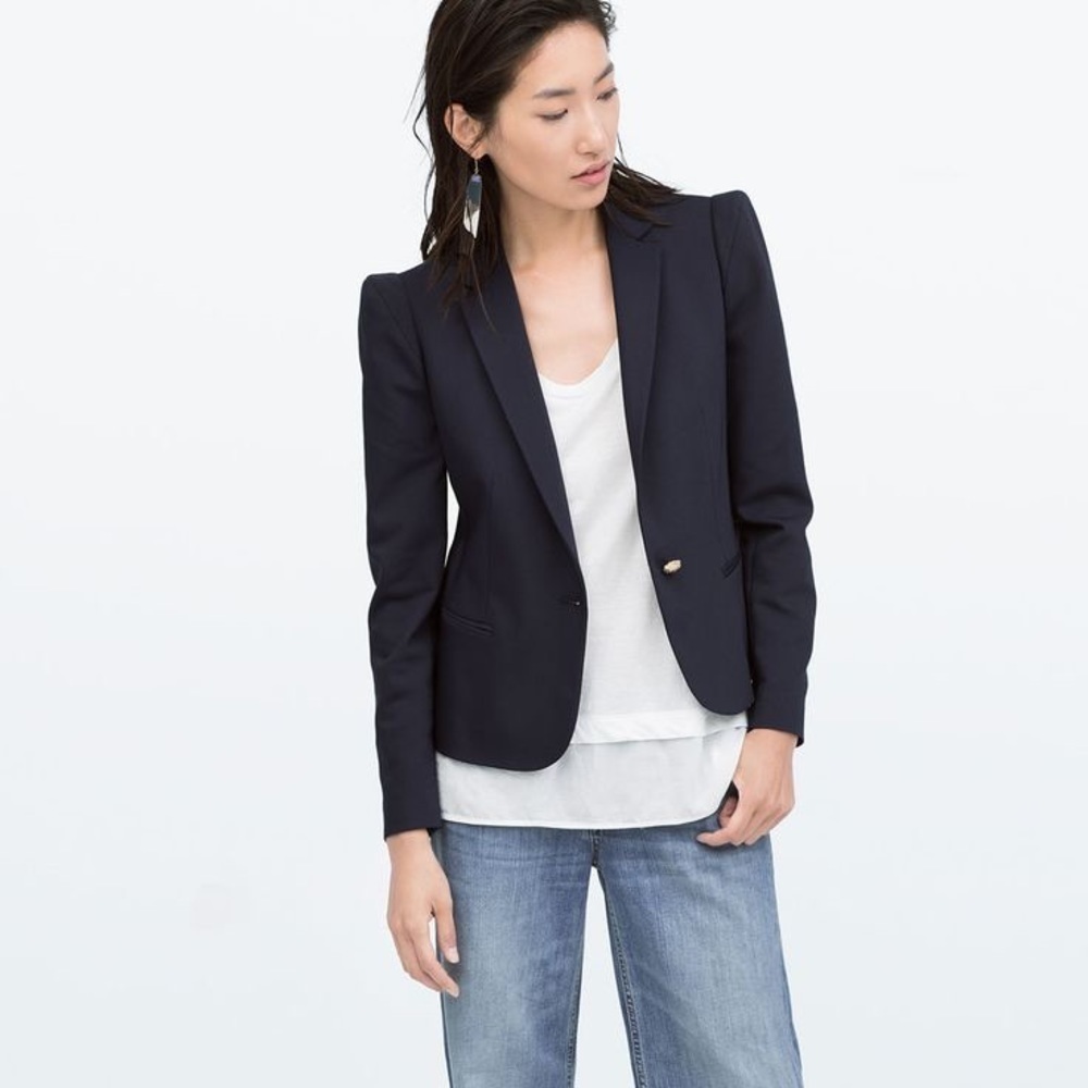 ZARA Navy Blue Single Breasted Lapel Collar Gold button Blazer size Medium